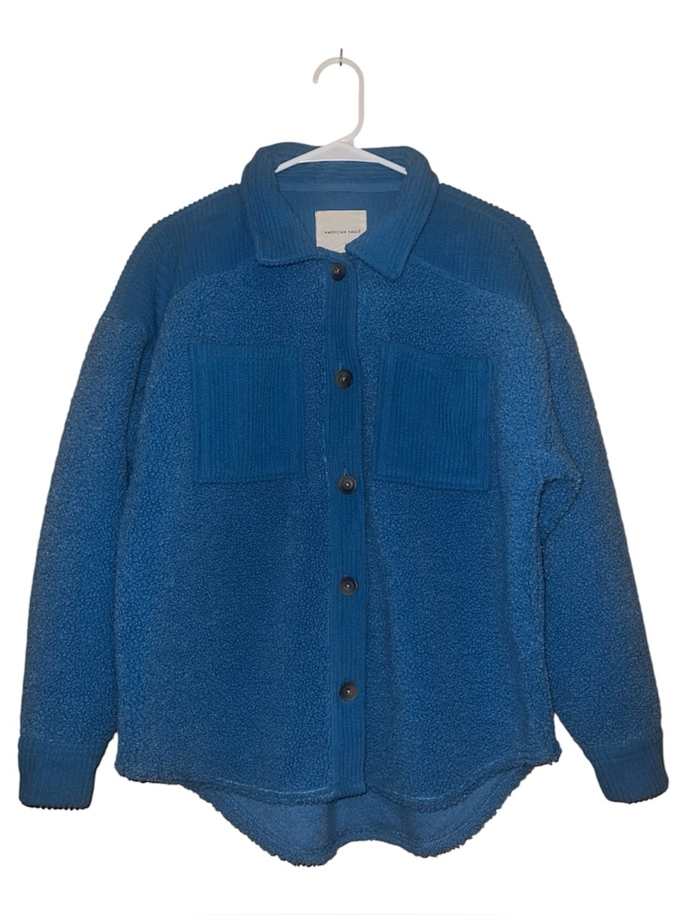 American Eagle Outfitters Blue Sherpa Button Down Oversized Shacket Sz XXS